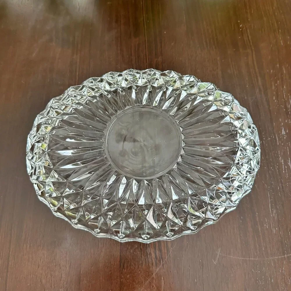 Vintage Oval Serving Dish Pressed Thick Glass Diamond Cut Pattern 90's Y2K